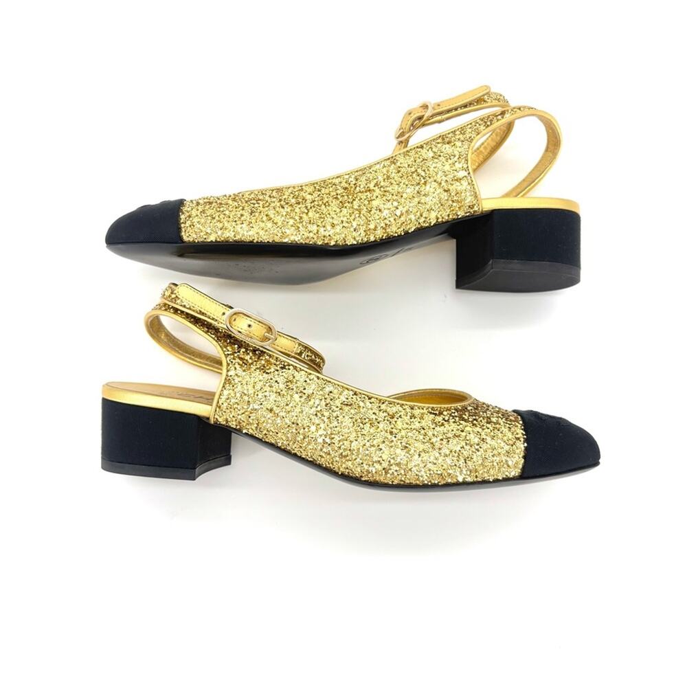 Chanel CC Logo Glitter and Grosgrain Cap Toe Slingback Platform Heel Pumps 37 - Picture 6 of 10